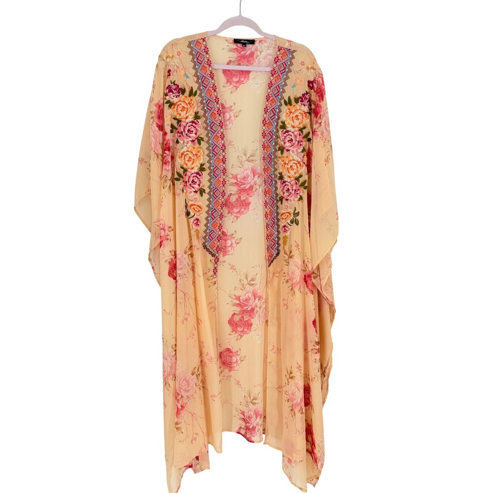 Southwestern Embroidered Sheer Kimono Longline Cardigan Size M Boho Ethereal
